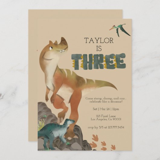 Dinosaurus 3e verjaardagsuitnodiging kaart (Voorkant / Achterkant)
