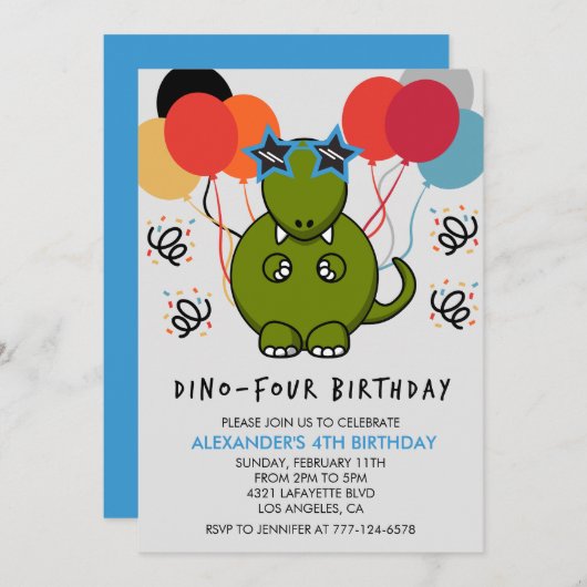 Dinosaurus 4e verjaardag Grappige kinder ballonnen Kaart (Voorkant / Achterkant)