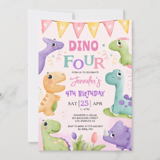 Dinosaurus 4e Verjaardag Roze Schattige Dino-Four  Kaart (Voorkant)
