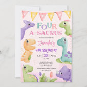 Dinosaurus 4e Verjaardag Roze Schattige Vier A-Sau Kaart (Voorkant)