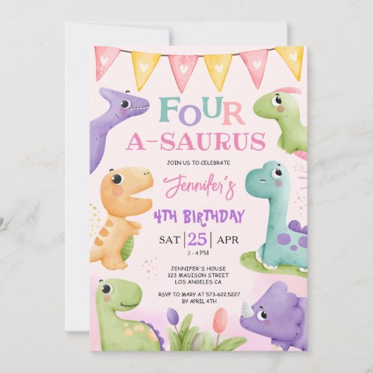 Dinosaurus 4e Verjaardag Roze Schattige Vier A-Sau Kaart (Voorkant)