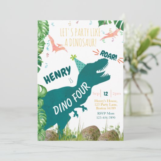 Dinosaurus 4e Verjaardag Uitnodiging Dino Vier TRe (Staand voorkant)