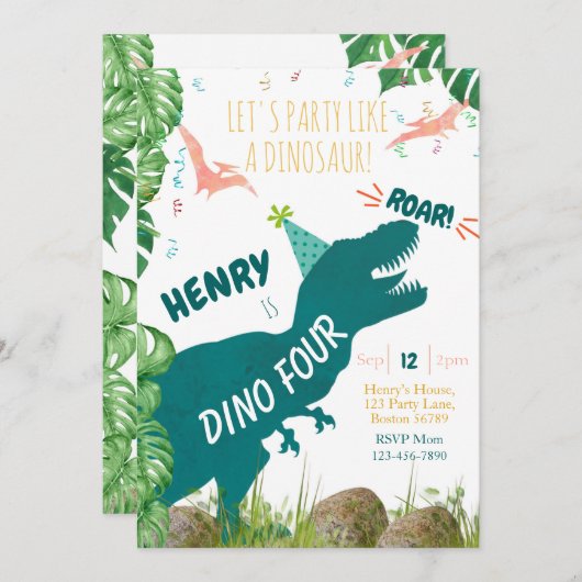 Dinosaurus 4e Verjaardag Uitnodiging Dino Vier TRe (Voorkant / Achterkant)