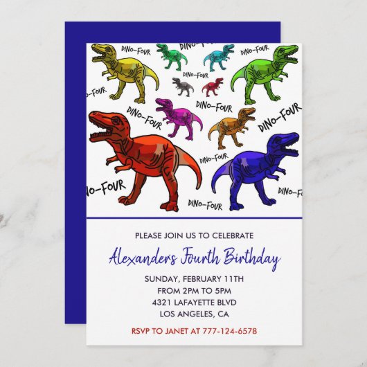 Dinosaurus 4e verjaardag uitnodigingen t rex regen (Voorkant / Achterkant)