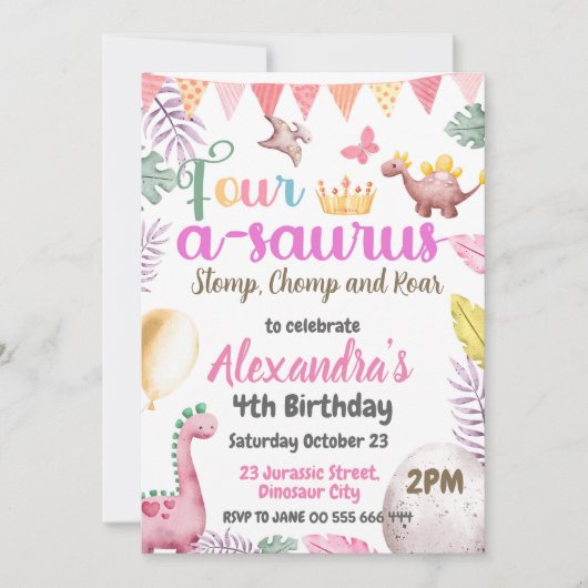 Dinosaurus 4e verjaardag vier-a-saurus feest kaart (Voorkant)