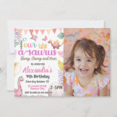 Dinosaurus 4e verjaardag vier-a-saurus foto meisje kaart (Voorkant)