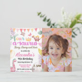 Dinosaurus 4e verjaardag vier-a-saurus foto meisje kaart (Staand voorkant)