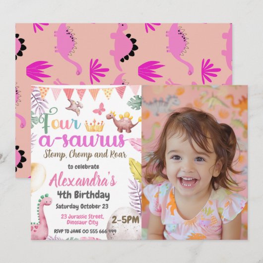 Dinosaurus 4e verjaardag vier-a-saurus foto meisje kaart (Voorkant / Achterkant)