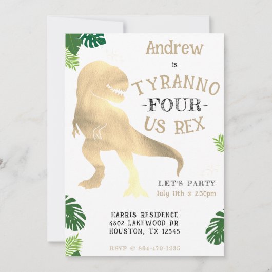 Dinosaurus 4e Verjaardagsfeestje Goud Tyrannosauru Kaart (Voorkant)