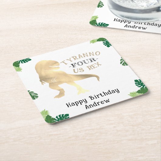 Dinosaurus 4e Verjaardagsfeestje Goud Tyrannosauru Kartonnen Onderzetters (Schuin)