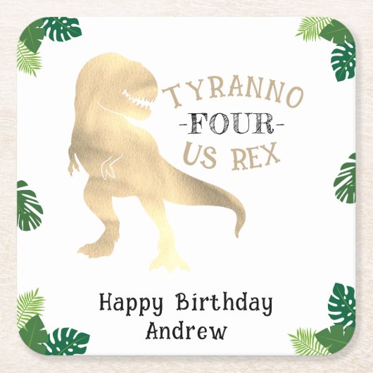 Dinosaurus 4e Verjaardagsfeestje Goud Tyrannosauru Kartonnen Onderzetters (Voorkant)