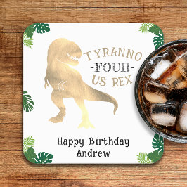 Dinosaurus 4e Verjaardagsfeestje Goud Tyrannosauru Kartonnen Onderzetters