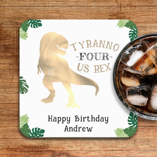 Dinosaurus 4e Verjaardagsfeestje Goud Tyrannosauru Kartonnen Onderzetters