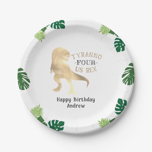 Dinosaurus 4e Verjaardagsfeestje Goud Tyrannosauru Papieren Bordje (Voorkant)