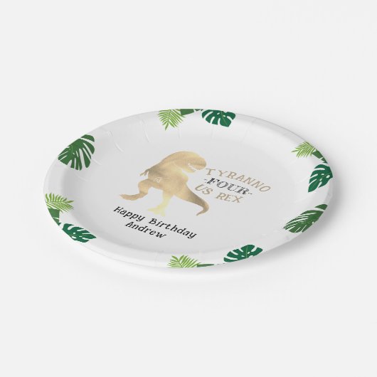 Dinosaurus 4e Verjaardagsfeestje Goud Tyrannosauru Papieren Bordje (Gekanteld)