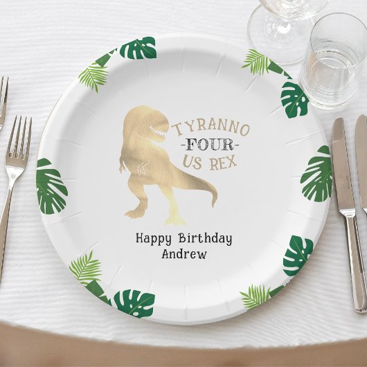 Dinosaurus 4e Verjaardagsfeestje Goud Tyrannosauru Papieren Bordje