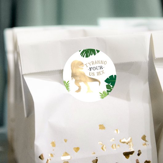 Dinosaurus 4e Verjaardagsfeestje Goud Tyrannosauru Ronde Sticker