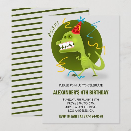 Dinosaurus 4e verjaardagsuitnodigingen t rex kinde kaart (Voorkant / Achterkant)