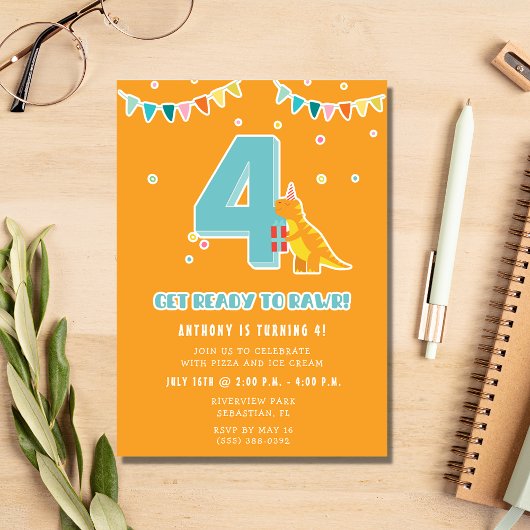 Dinosaurus 4th Boy's Verjaardagsfeest Kaart