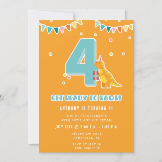 Dinosaurus 4th Boy's Verjaardagsfeest Kaart (Voorkant)