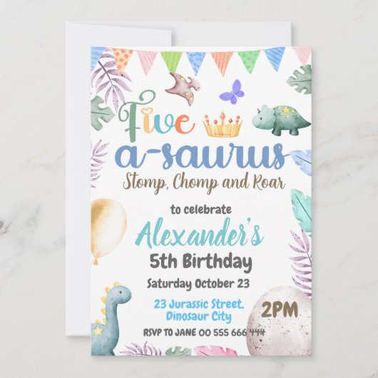 Dinosaurus 5e verjaardag Five-A-Saurus Party Kaart (Voorkant)