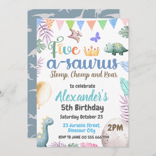 Dinosaurus 5e verjaardag Five-A-Saurus Party Kaart (Voorkant / Achterkant)