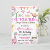 Dinosaurus 5e verjaardag meisje vijf a-saurus fees kaart (Staand voorkant)