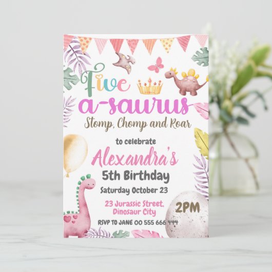 Dinosaurus 5e verjaardag meisje vijf a-saurus fees kaart (Staand voorkant)