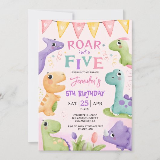 Dinosaurus 5e Verjaardag Roze Schattige Roar In Fi Kaart (Voorkant)