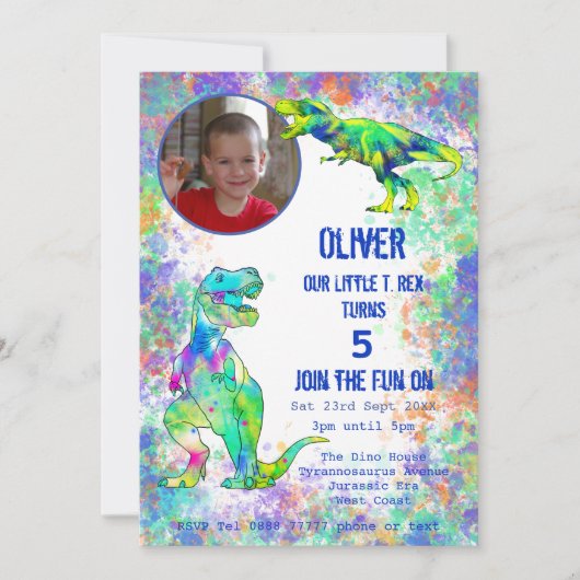 Dinosaurus 5e verjaardagsfeest kaart (Voorkant)