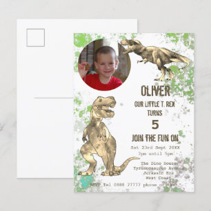 Dinosaurus 5e verjaardagsfeestje T Rex Jongens Fot Uitnodiging Briefkaart