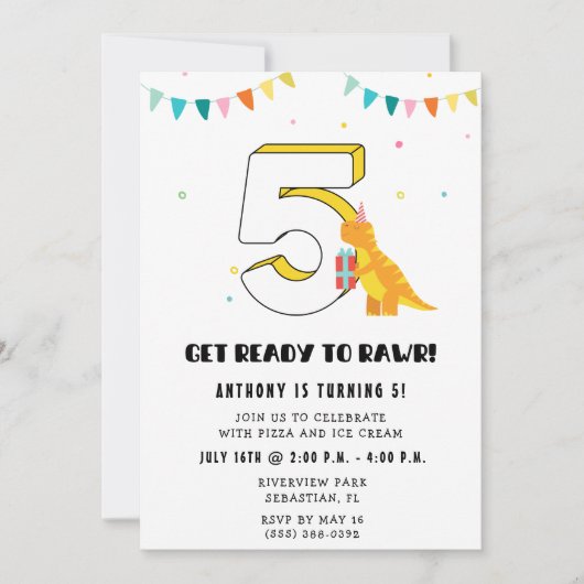 Dinosaurus 5th Boy's Verjaardagsfeest Kaart (Voorkant)