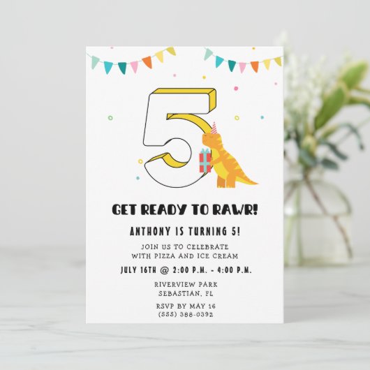 Dinosaurus 5th Boy's Verjaardagsfeest Kaart (Staand voorkant)