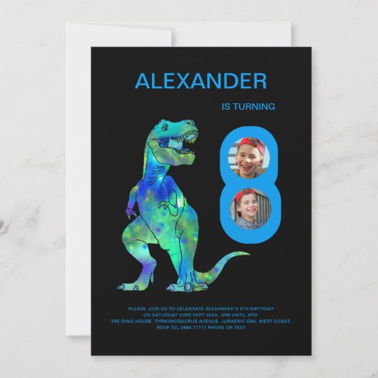 Dinosaurus 8e Verjaardag Party Custom foto Kaart (Voorkant)