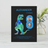 Dinosaurus 8e Verjaardag Party Custom foto Kaart (Staand voorkant)