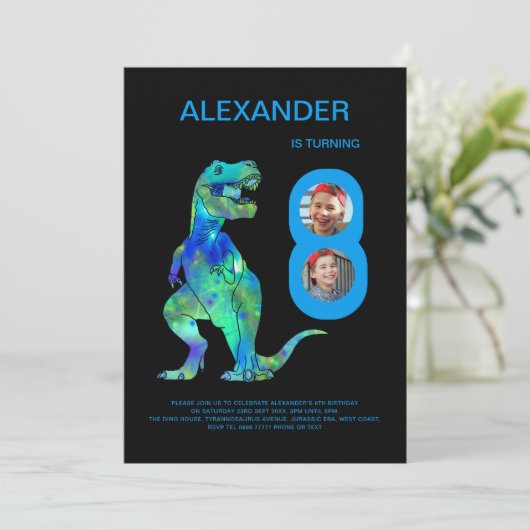 Dinosaurus 8e Verjaardag Party Custom foto Kaart (Staand voorkant)