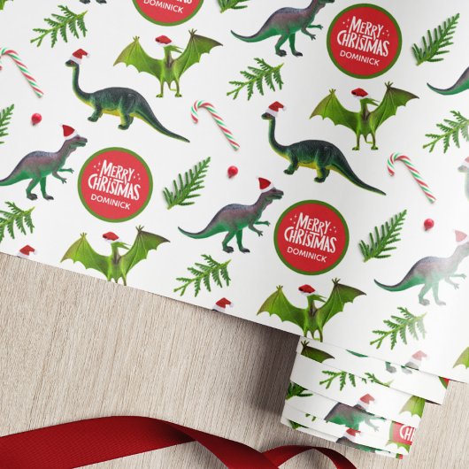 Dinosaurus Aangepaste Naam Kerstmis Cadeaupapier