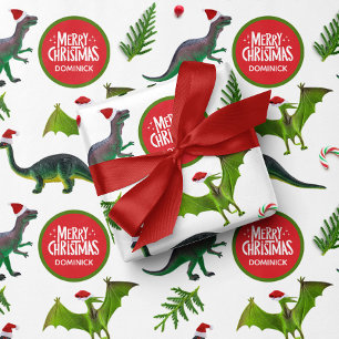 Dinosaurus Aangepaste Naam Kerstmis Cadeaupapier