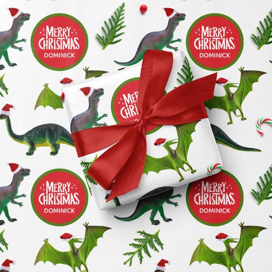 Dinosaurus Aangepaste Naam Kerstmis Cadeaupapier