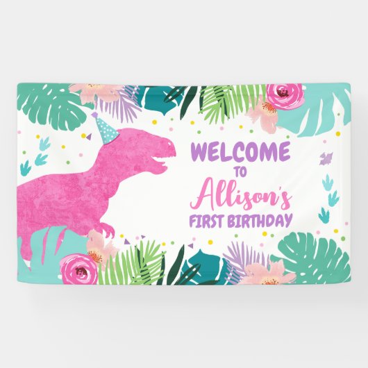 Dinosaurus Achtergrond T-Rex Roze Dino Meisje Verj Spandoek (Horizontaal)