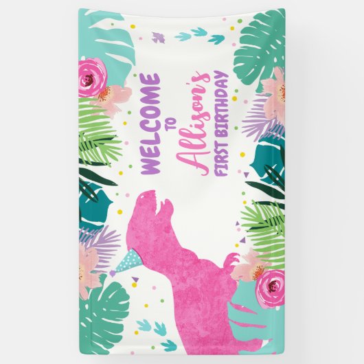 Dinosaurus Achtergrond T-Rex Roze Dino Meisje Verj Spandoek (Verticaal)