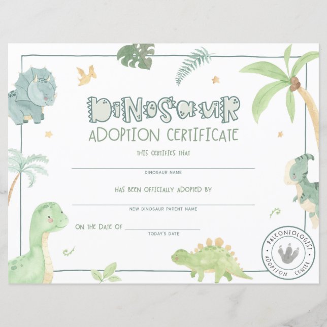 Dinosaurus Adoptie Certificaat (Voorkant)