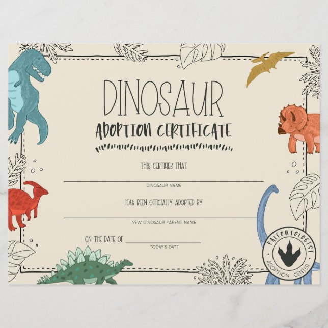 Dinosaurus Adoptie Certificaat (Voorkant)