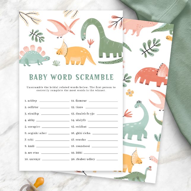 Dinosaurus Baby Borrelspel (Dinosaur Baby Shower Baby Word Scramble Game Card by Painted Paperie)