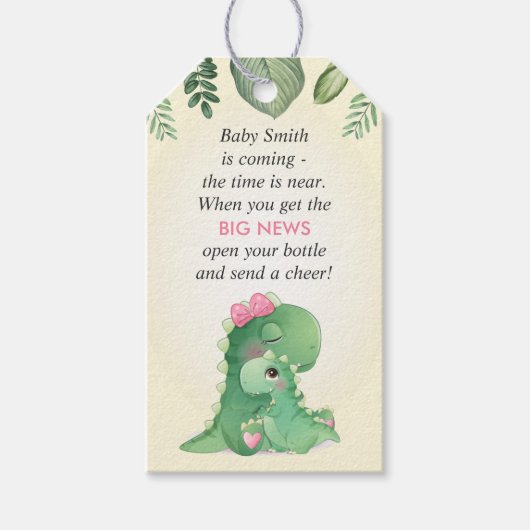 Dinosaurus Baby Meisje Douche Sprinkle Fles Favor Cadeaulabel (Voorkant)