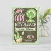 Dinosaurus Baby shower Uitnodiging Meisje, Groen & (Staand voorkant)