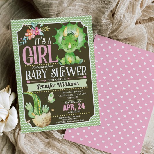 Dinosaurus Baby shower Uitnodiging Meisje, Groen &