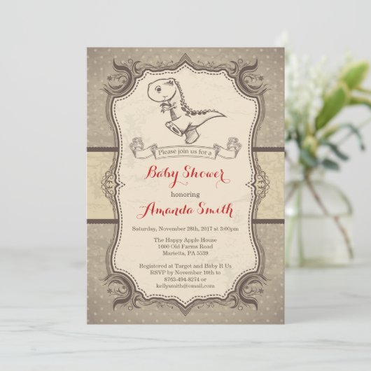 Dinosaurus Baby Shower Uitnodiging Vintage Retro (Staand voorkant)