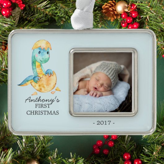 Dinosaurus Baby's 1e Kerstmis Foto Ornament
