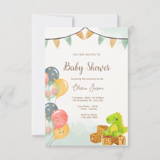 Dinosaurus babyshower uitnodiging | Groen & Geel (Voorkant)
